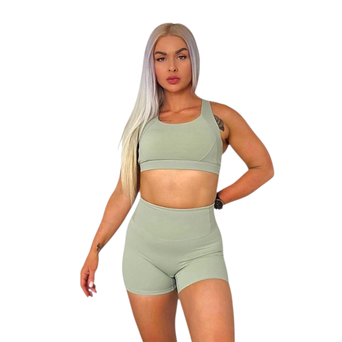 Self Care High-Waisted Non-Visible Scrunch Shorts in Matcha