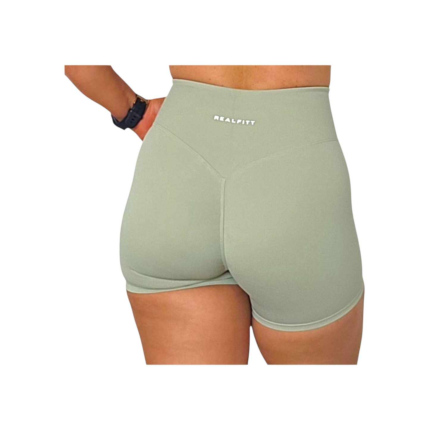 Self Care High-Waisted Non-Visible Scrunch Shorts in Matcha