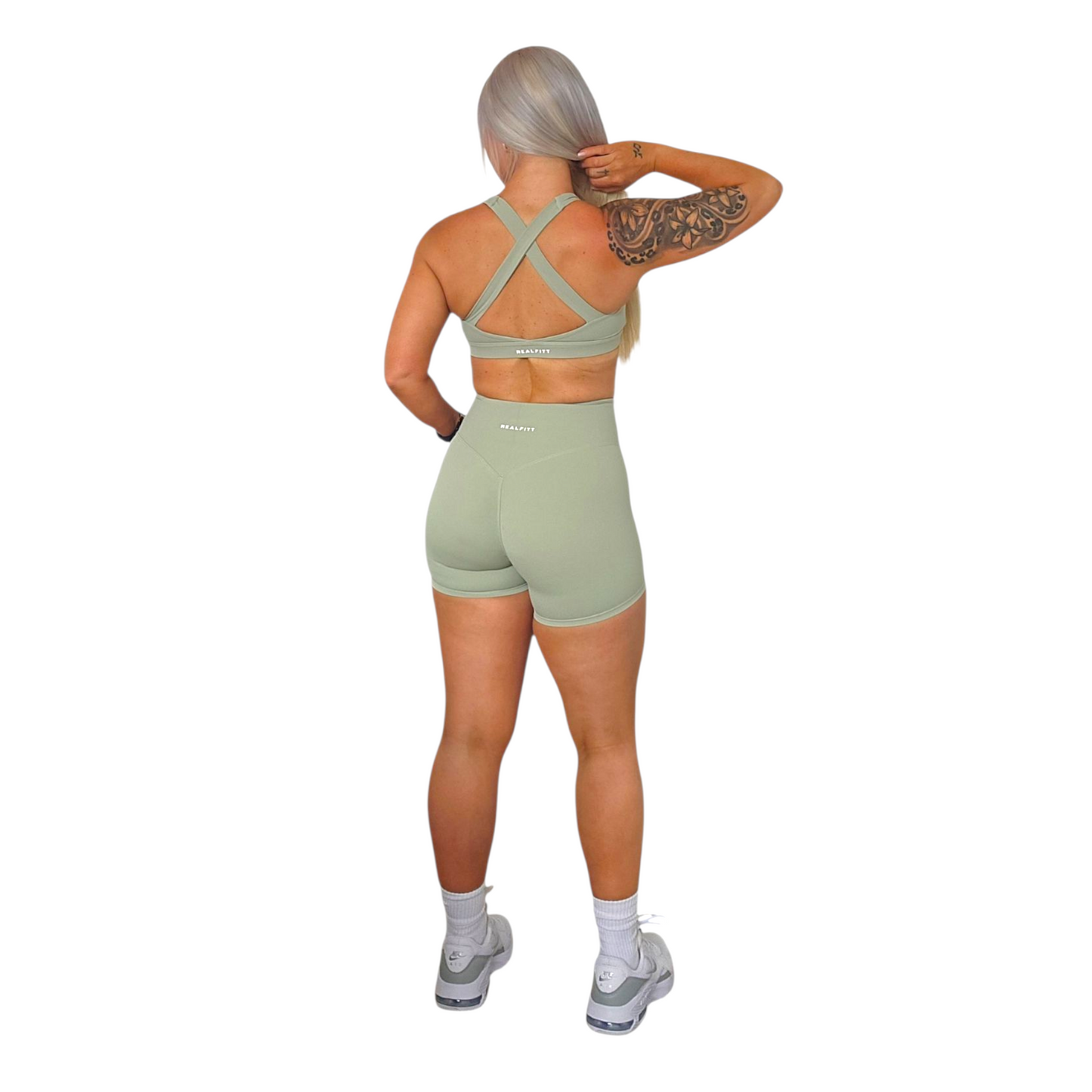 Self Care High-Waisted Non-Visible Scrunch Shorts in Matcha
