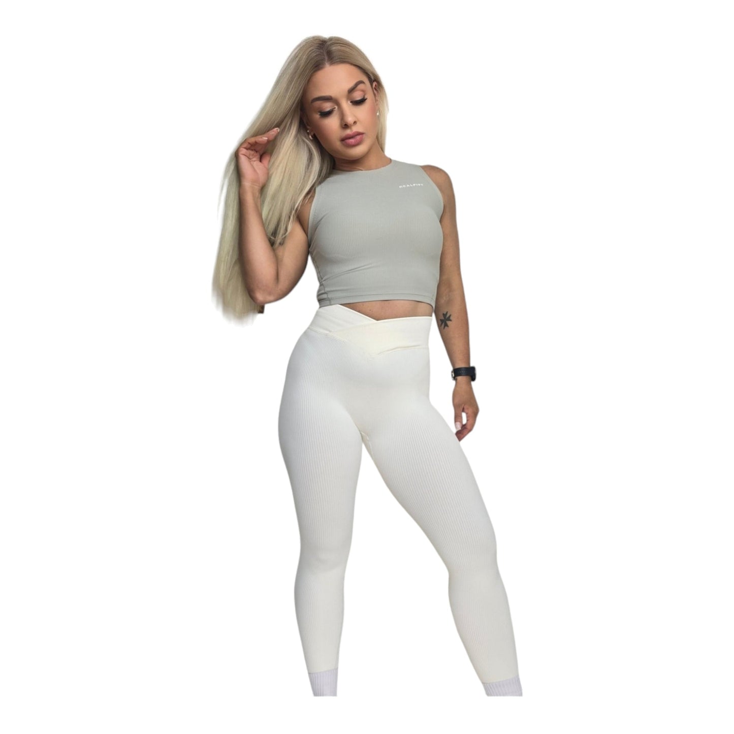 High-Waisted Thick Ribbed V-Front Leggings in Cream