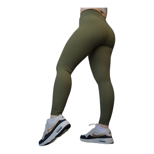 High-Waisted Thick Ribbed V-Front Leggings in Army Green