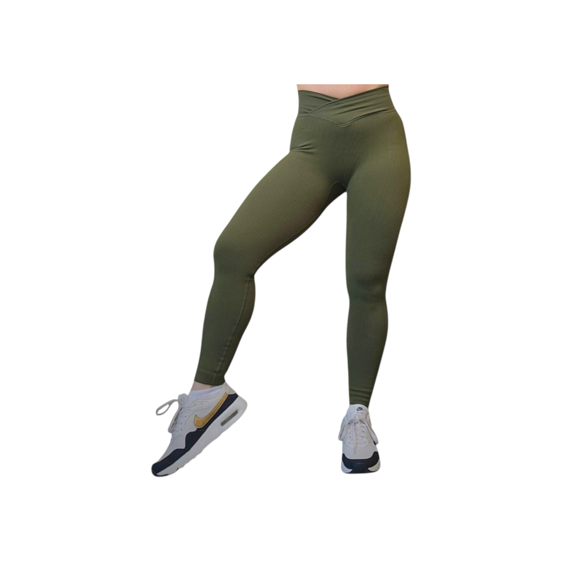 High-Waisted Thick Ribbed V-Front Leggings in Army Green Small